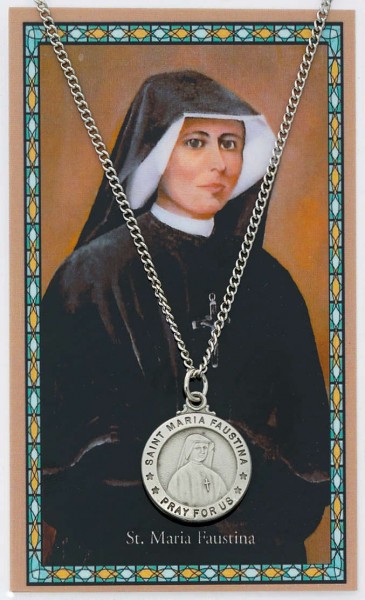 Round St. Maria Faustina Medal with Prayer Card - Silver tone