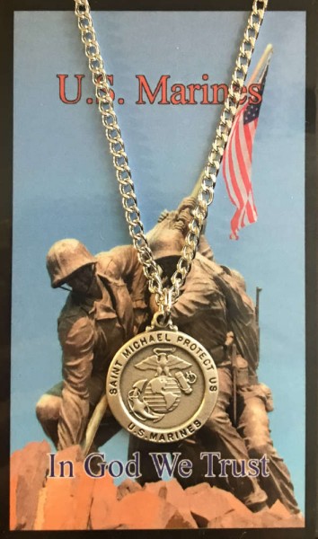 Round St. Michael Marines Medal with Prayer Card - Silver tone