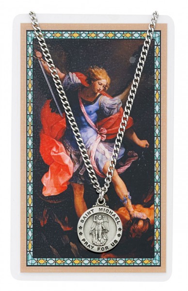 Round St. Michael The Archangel Medal with Prayer Card - Silver tone