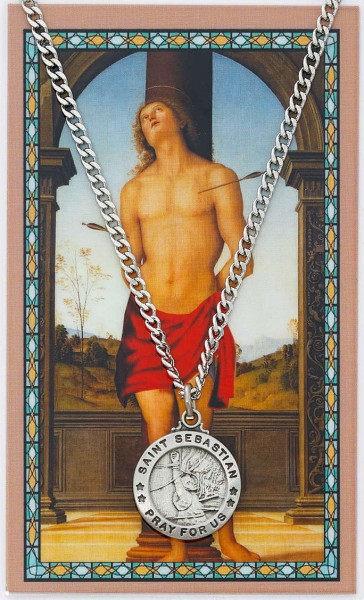 Round St. Sebastian Medal with Prayer Card - Silver tone