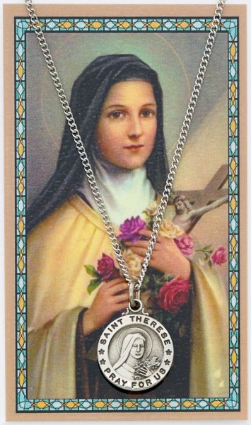 Round St. Therese Medal with Prayer Card - Silver tone