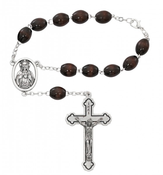 Sacred Heart Brown Wood Auto Rosary - Brown