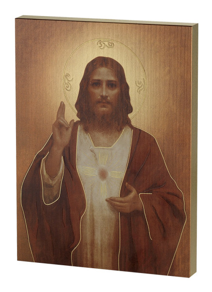 Sacred Heart of Jesus Embossed Wood Plaque - Full Color