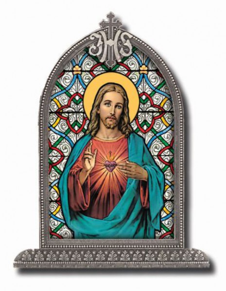 Sacred Heart of Jesus Glass Art in Arched Frame - Full Color