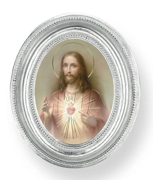 Sacred Heart of Jesus Small 4.5 Inch Oval Framed Print - Silver