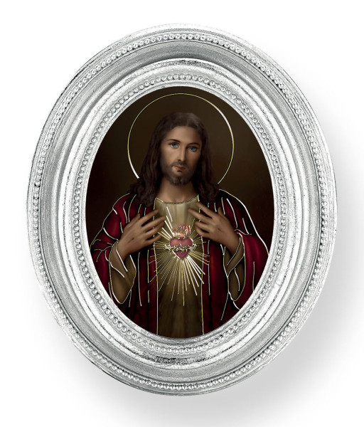 Sacred Heart of Jesus Small 4.5 Inch Oval Framed Print - Silver