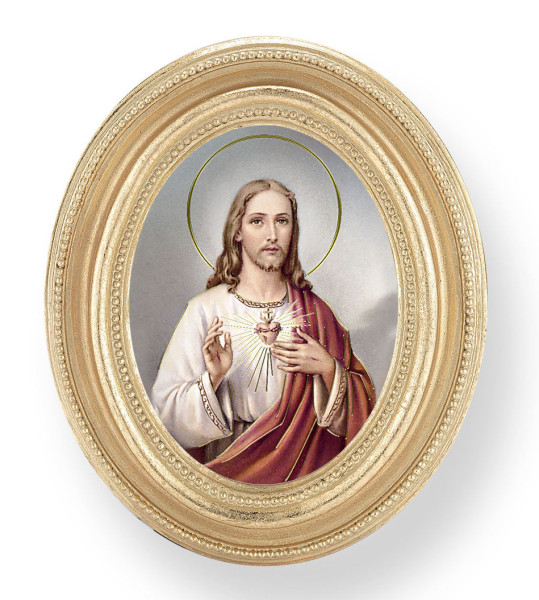 Sacred Heart of Jesus Small 4.5 Inch Oval Framed Print - Gold