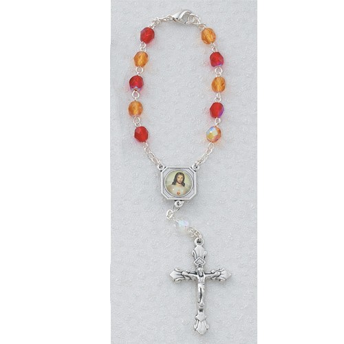 Sacred Heart Red &amp; Gold Glass Auto Rosary - Red | Gold