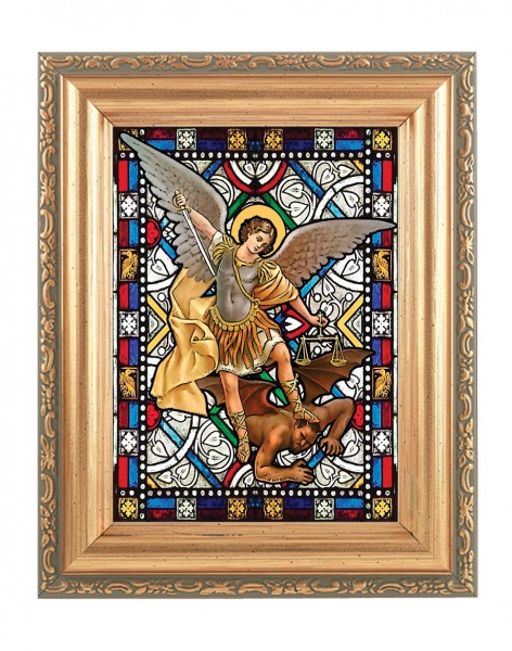 Saint Michael Gold Frame Stained Glass Effect - Full Color