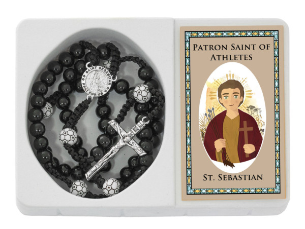 Saint Sebastian Soccer Rosary w Prayer Card - Black