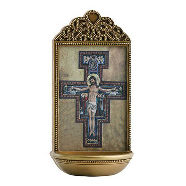 San Damiano Crucifix 6&quot; Holy Water Font - Full Color