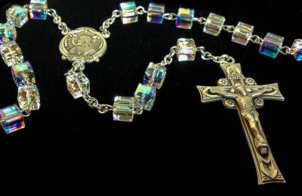 Scapular Swarovski Cubed Crystal Rosary in Sterling Silver - Clear