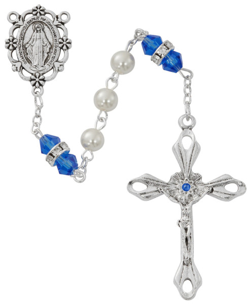 September Birthstone Rosary Dark Blue Pearl Glass - Sapphire