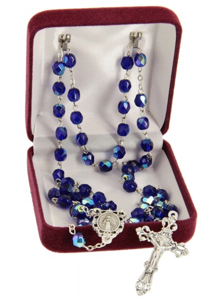 September Dark Blue Aurora Glass Bead Rosary - Blue