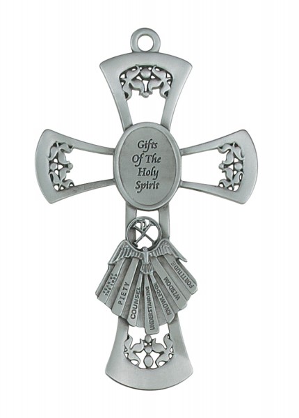 Seven Gifts of The Holy Spirit Pewter Wall Cross 6 Inches - Pewter