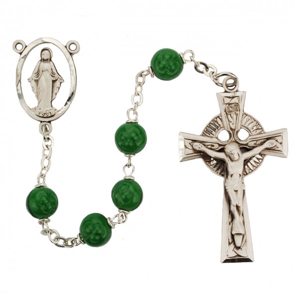 Shamrock Glass Rosary Sterling Silver - Green