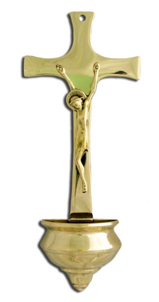 Shiny Brass Crucifixion Water Font - 11.5 inches - Brass