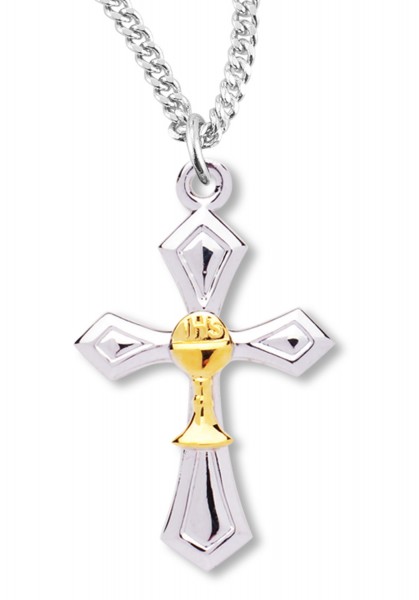 Silver Cross Pendant with Gold Chalice Centerpiece - Sterling Silver