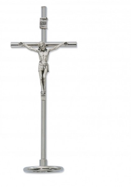 Silver Standing Papal Crucifix with Metal Base - 6 1/2&quot;H - Silver