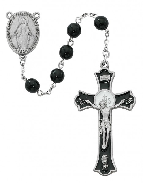 Silver Tone and Black Enamel First Communion Rosary - Black