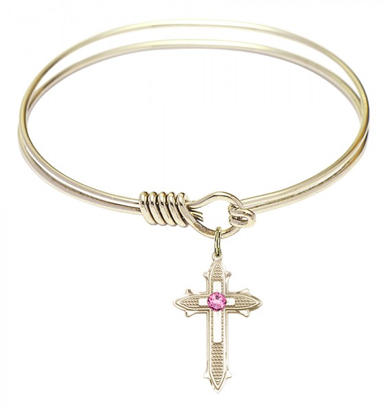 Smooth Bangle Bracelet with a Birthstone Cross on Cross Charm - Rose