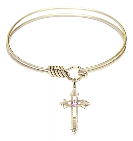 Smooth Bangle Bracelet with a Birthstone Cross on Cross Charm - Light Amethyst