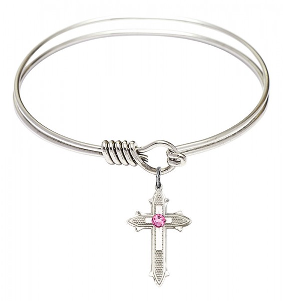 Smooth Bangle Bracelet with a Birthstone Cross on Cross Charm - Rose