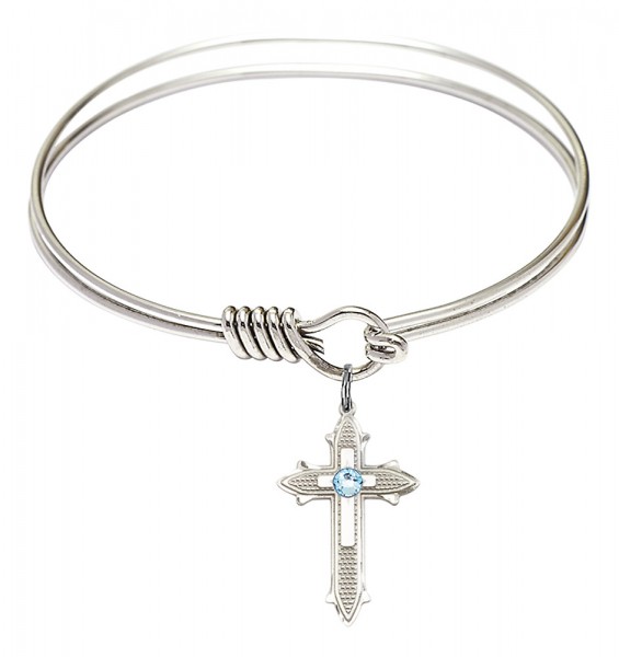 Smooth Bangle Bracelet with a Birthstone Cross on Cross Charm - Aqua