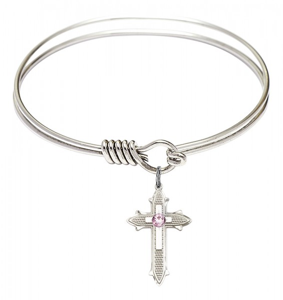 Smooth Bangle Bracelet with a Birthstone Cross on Cross Charm - Light Amethyst