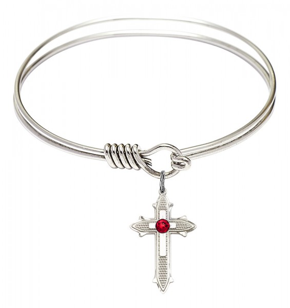 Smooth Bangle Bracelet with a Birthstone Cross on Cross Charm - Ruby Red