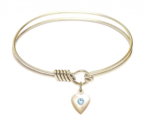 Smooth Bangle Bracelet with a Birthstone Puff Heart Charm - Aqua