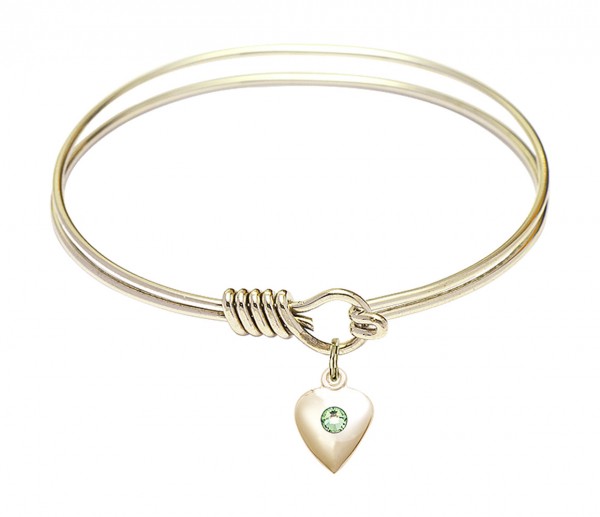 Smooth Bangle Bracelet with a Birthstone Puff Heart Charm - Peridot