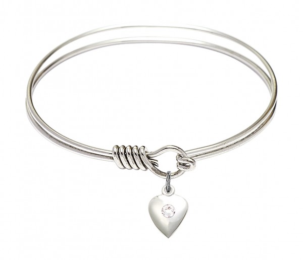 Smooth Bangle Bracelet with a Birthstone Puff Heart Charm - Crystal
