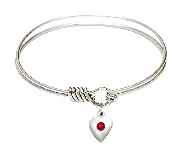 Smooth Bangle Bracelet with a Birthstone Puff Heart Charm - Ruby Red