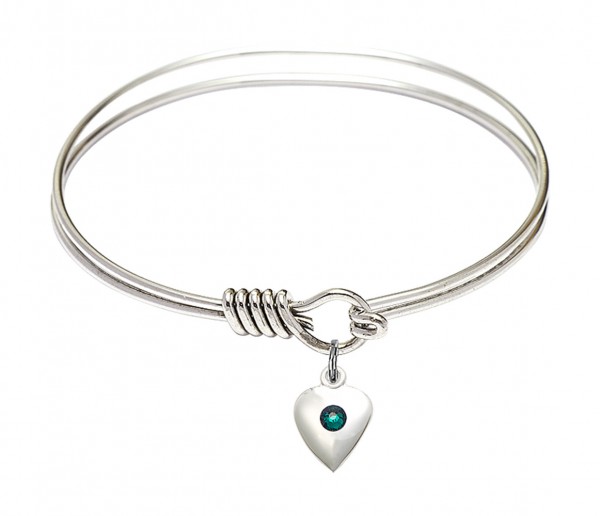 Smooth Bangle Bracelet with a Birthstone Puff Heart Charm - Emerald Green