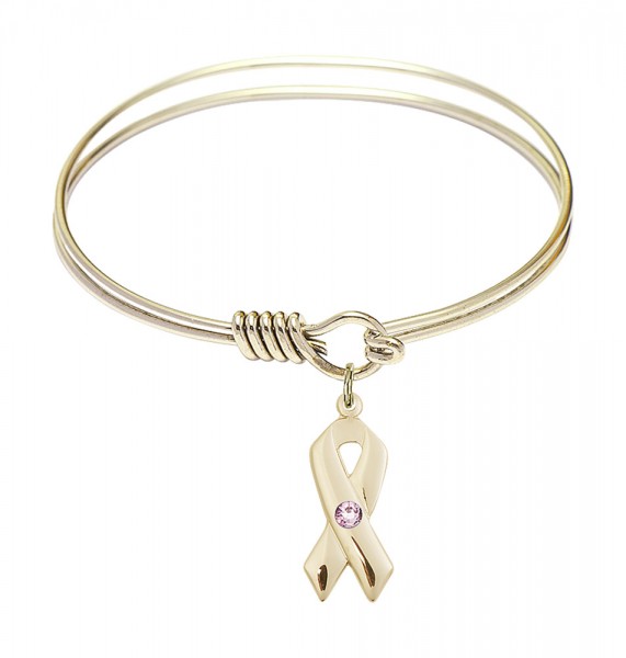 Smooth Bangle Bracelet with a Cancer Awareness Charm - Light Amethyst