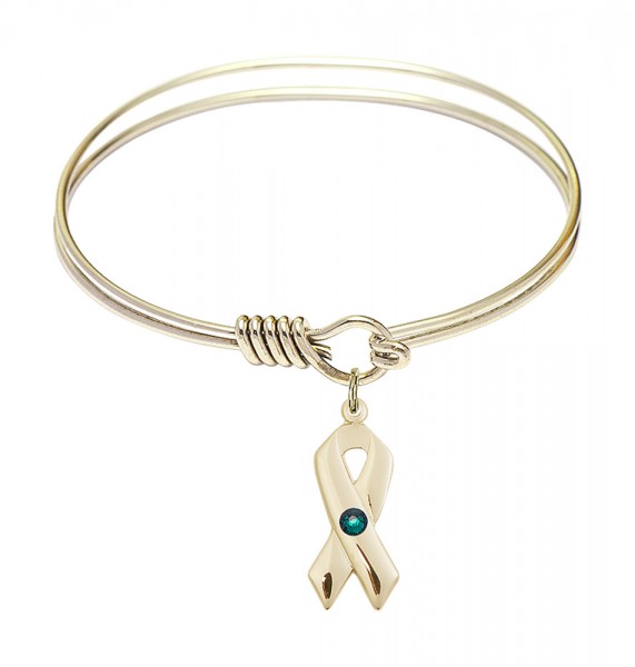 Smooth Bangle Bracelet with a Cancer Awareness Charm - Emerald Green