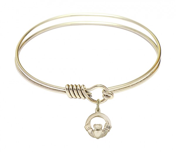 Smooth Bangle Bracelet with a Claddagh Charm - Gold