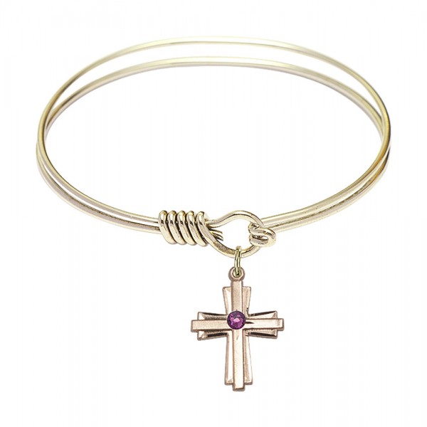 Smooth Bangle Bracelet with a Cross Charm - Amethyst