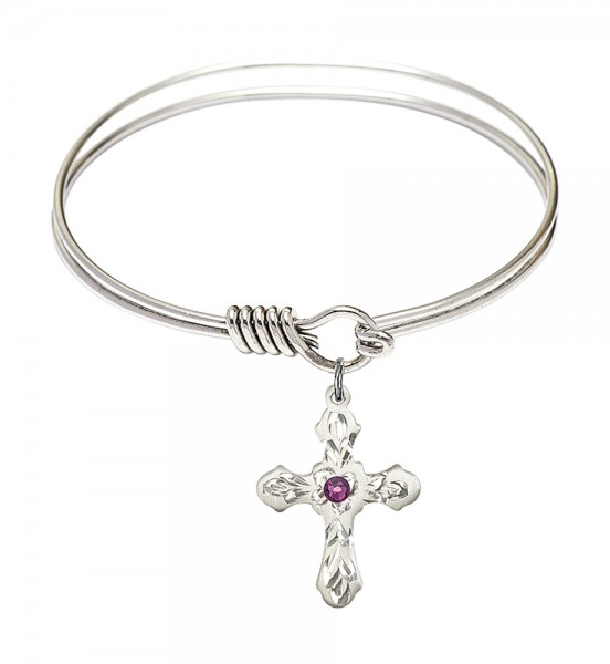 Smooth Bangle Bracelet with a Cross Charm - Amethyst