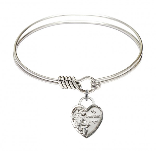 Smooth Bangle Bracelet with a Guardian Angel Heart Charm - Silver