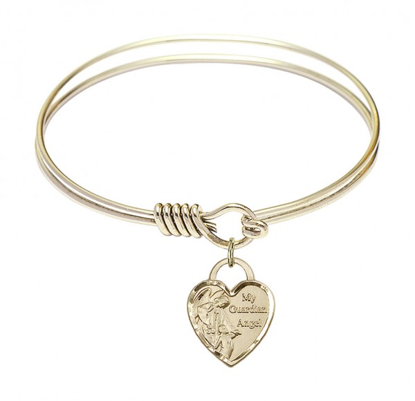 Smooth Bangle Bracelet with a Guardian Angel Heart Charm - Gold