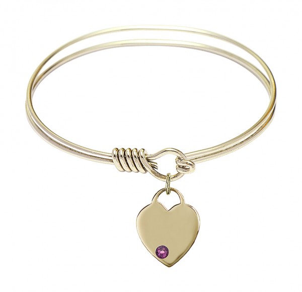 Smooth Bangle Bracelet with a Heart Charm - Amethyst