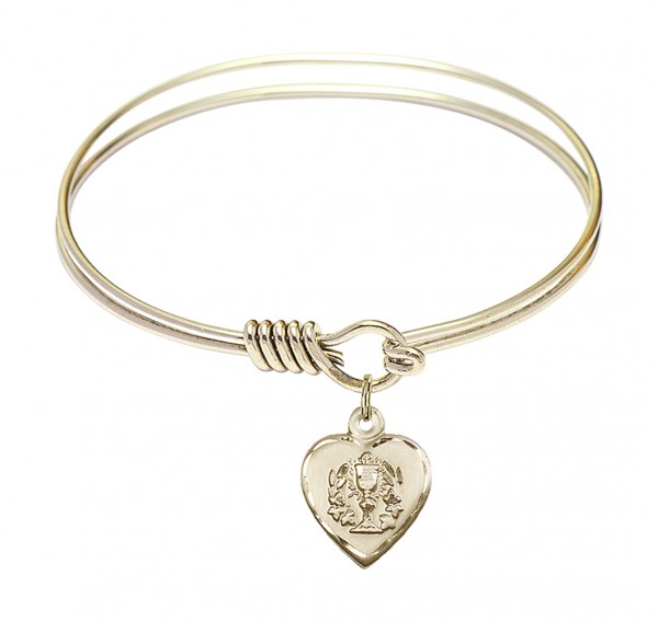 Smooth Bangle Bracelet with a Heart Communion Charm - Gold