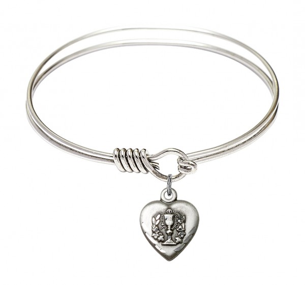 Smooth Bangle Bracelet with a Heart Communion Charm - Silver