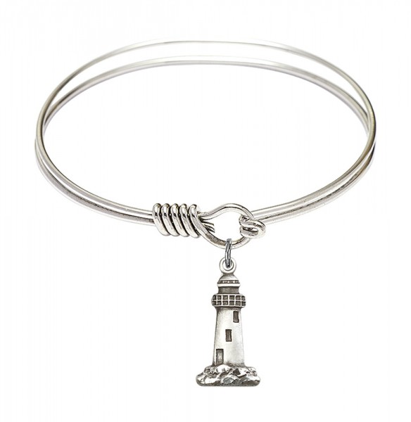 Smooth Bangle Bracelet with a Lighthouse Charm - Silver