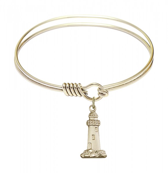 Smooth Bangle Bracelet with a Lighthouse Charm - Gold