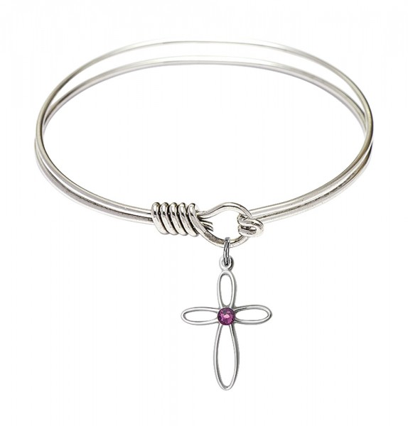 Smooth Bangle Bracelet with a Loop Cross Charm - Amethyst