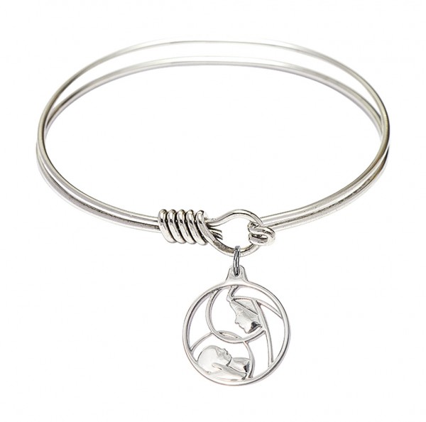 Smooth Bangle Bracelet with a Madonna and Child Charm - Silver