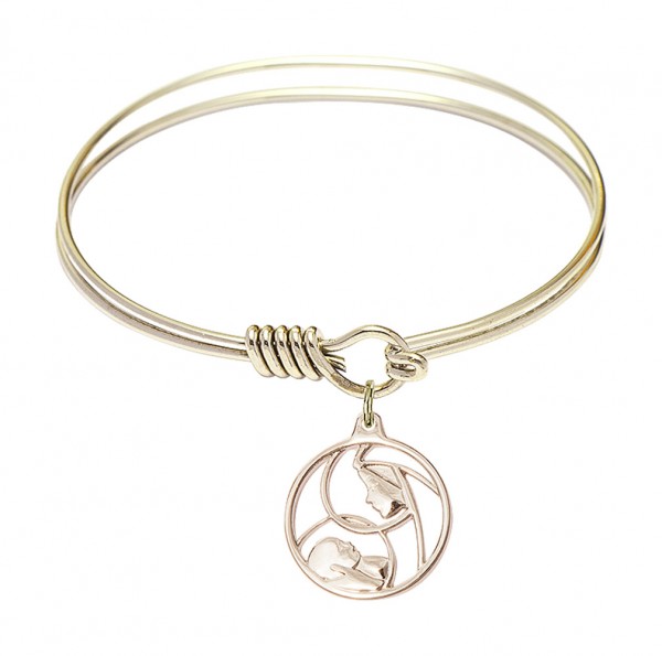 Smooth Bangle Bracelet with a Madonna and Child Charm - Gold